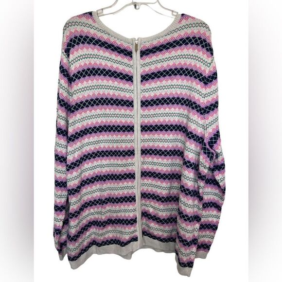 Talbots Ivory/Pink Multi Long Sleeve Argyle/Fair Isle Full Back Zip Sweater 3X - Picture 2 of 9